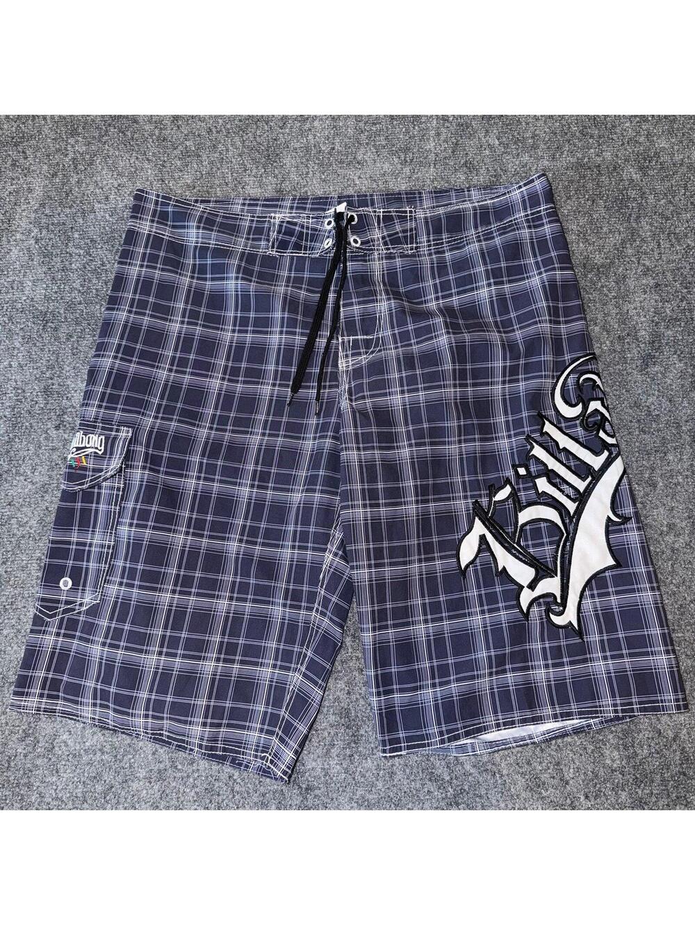 Billabong Blue Plaid Spellout Surf Board Shorts Mens 2XL Vtg y2k 90s Rare